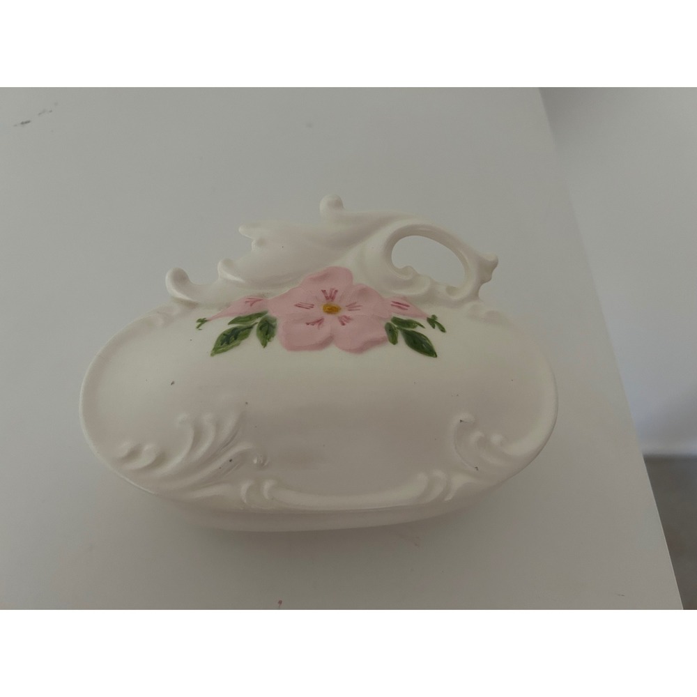 Vintage Hand Painted Ceramic Trinket Box Pink Flower Porcelain Jewelry Dish